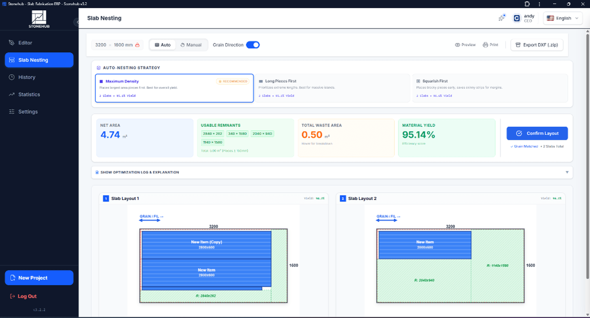 StoneHub Algorithmic Auto Nesting Yield Percentage Layout
