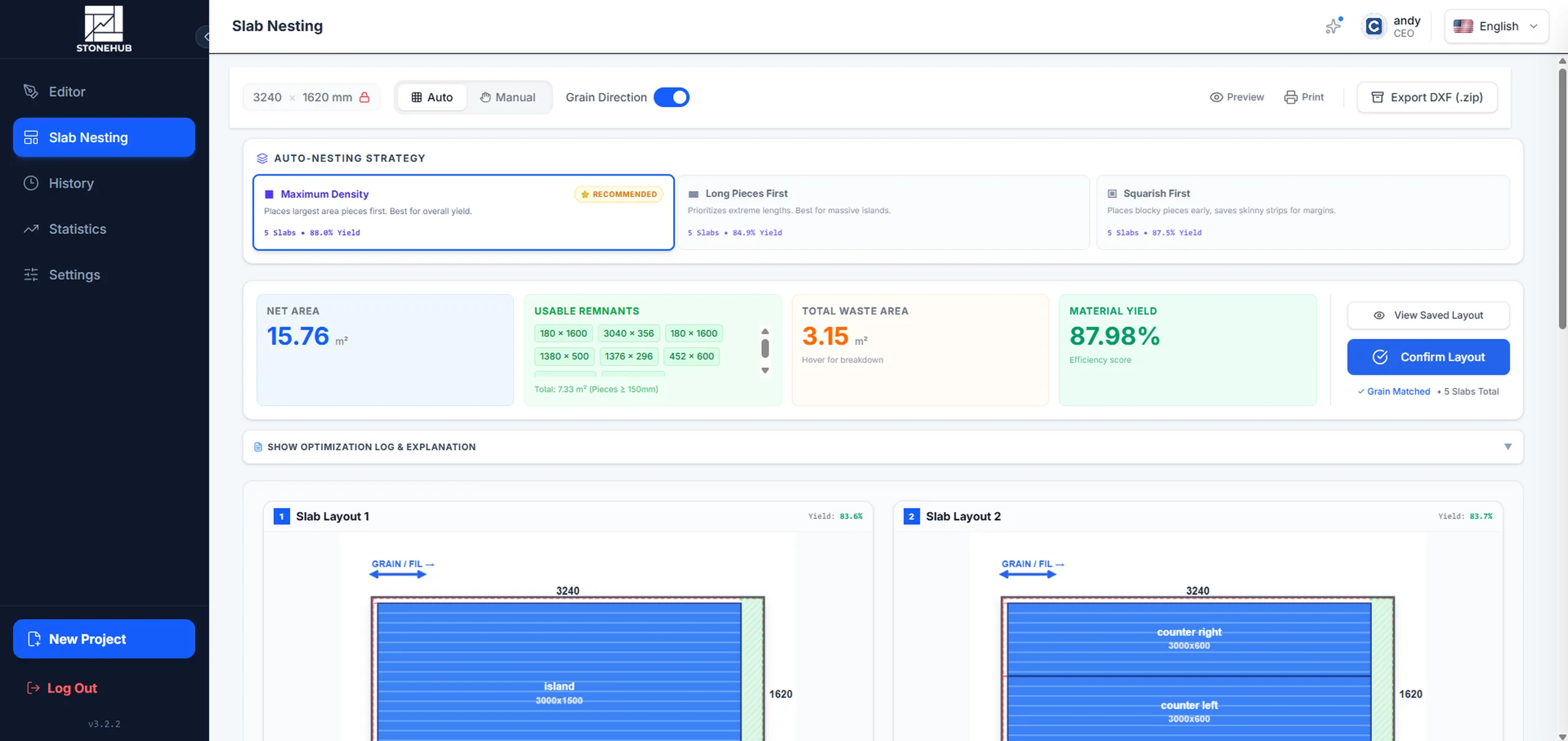 StoneHub Smart Slab Auto-Nesting Yield Optimization Interface